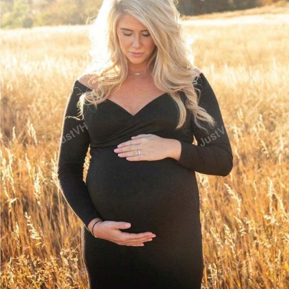 Elegant Black Off-Shoulder Maternity Dress - Picture 5 of 6